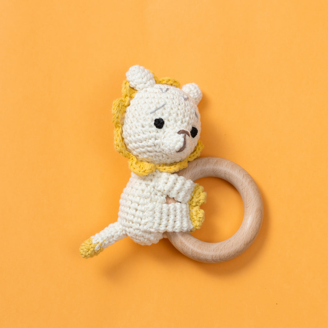 Wooden Baby Rattle Crochet Toy - Sleeping Lion