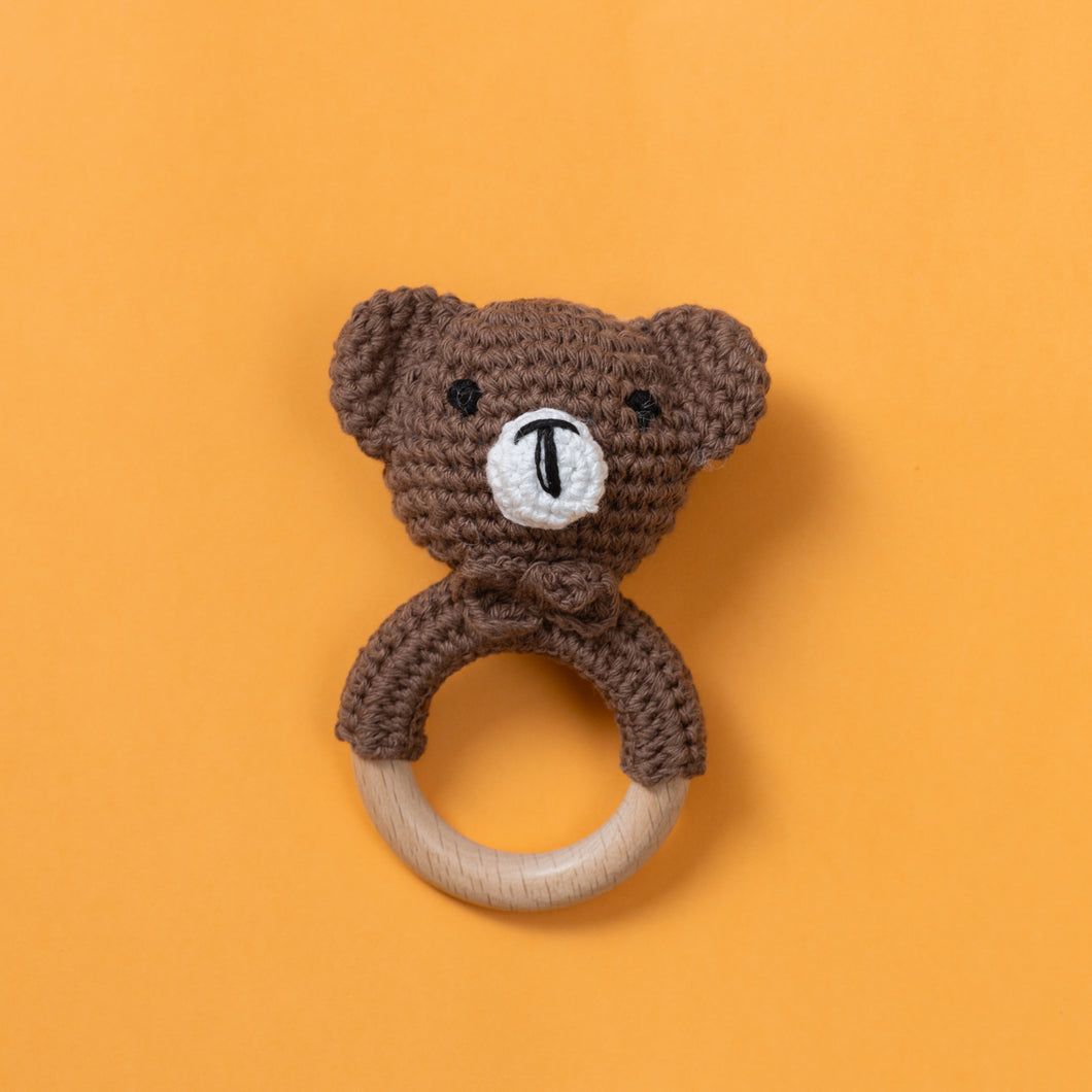 Wooden Baby Rattle Crochet Toy - Bear