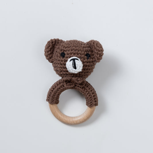 Wooden Baby Rattle Crochet Toy - Bear