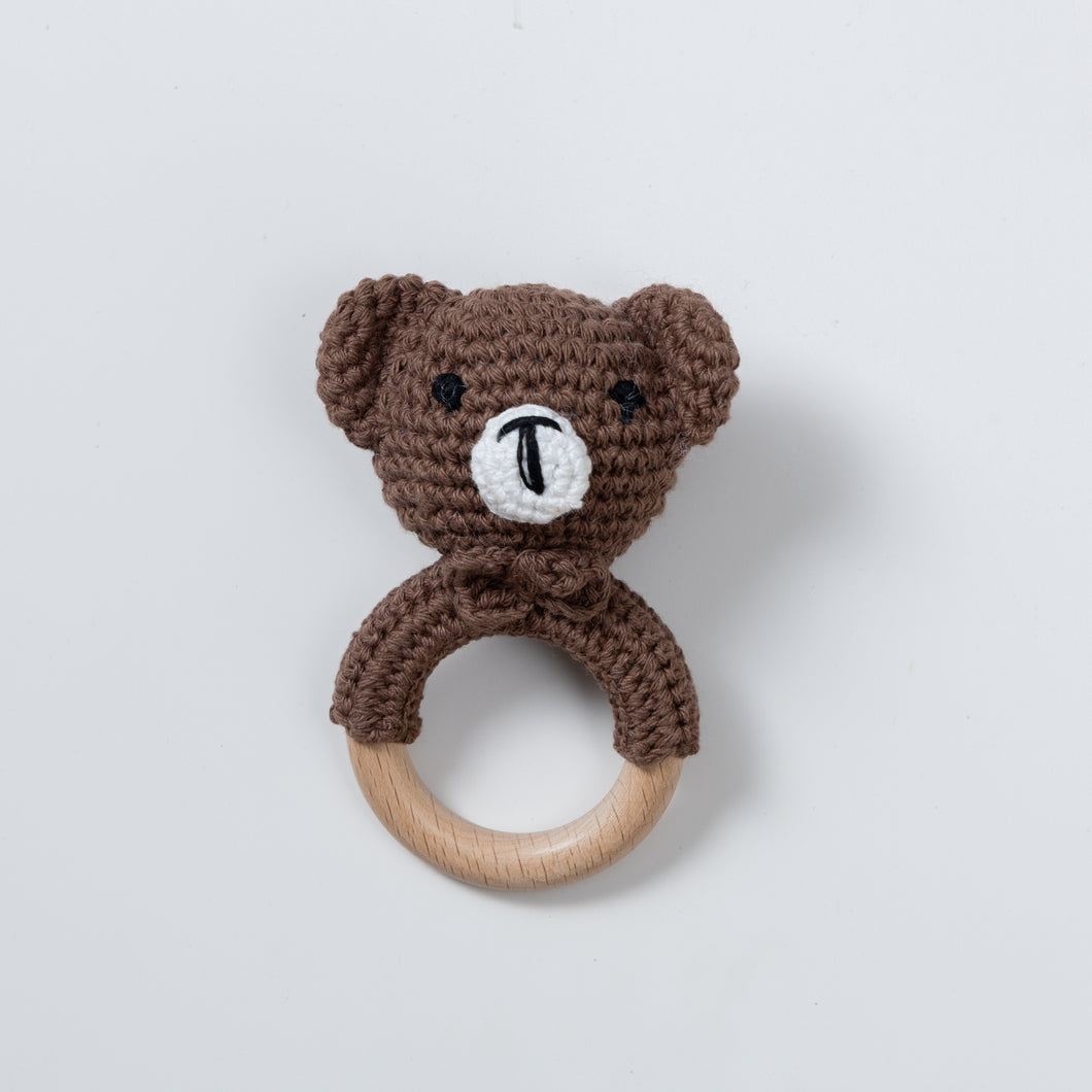 Wooden Baby Rattle Crochet Toy - Bear