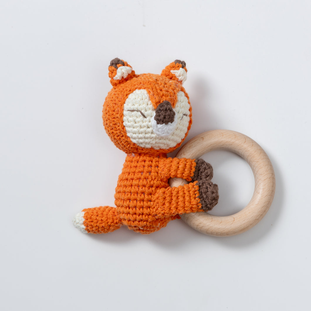 Wooden Baby Rattle Crochet Toy - Sleeping Fox