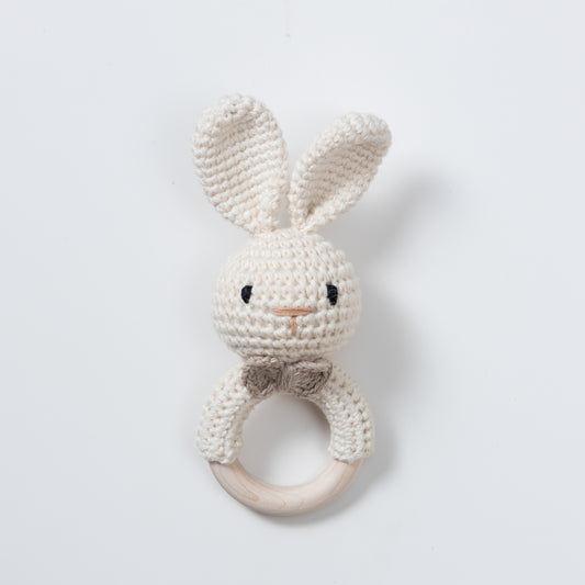 Wooden Baby Rattle Crochet Toy - Bunny