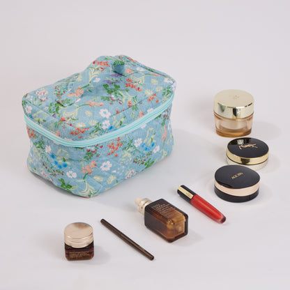 Wildflower Floral Quilted Makeup Bag - Small Pouch Travel Toiletry Organizer