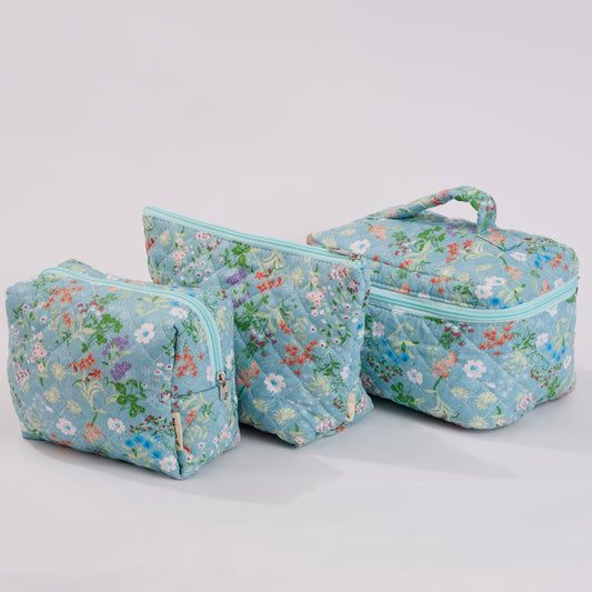 Wildflower Floral Quilted Makeup Bag - Small Pouch Travel Toiletry Organizer