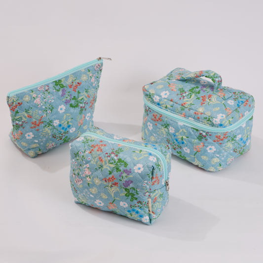 Wildflower Floral Quilted Makeup Bag - Small Pouch Travel Toiletry Organizer