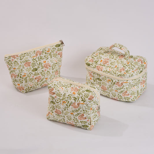 Forest Friends Botanical Quilted Makeup Bag - Small Pouch Travel Toiletry Organizer