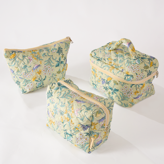 Spring Serenity Floral Quilted Makeup Bag - Small Pouch Travel Toiletry Organizer