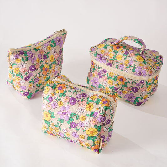 Petal Perfect Floral Quilted Makeup Bag - Small Pouch Travel Toiletry Organizer