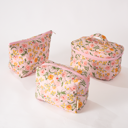 Flower Trail Floral Quilted Makeup Bag - Small Pouch Travel Toiletry Organizer