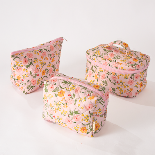 Flower Trail Floral Quilted Makeup Bag - Small Pouch Travel Toiletry Organizer