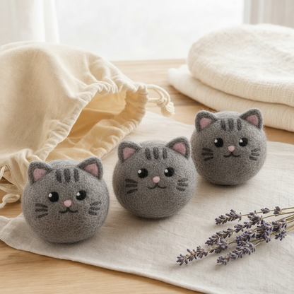 Gray Tabby Cat Wool Laundry Dryer Balls with 3D Ears – Set of 3