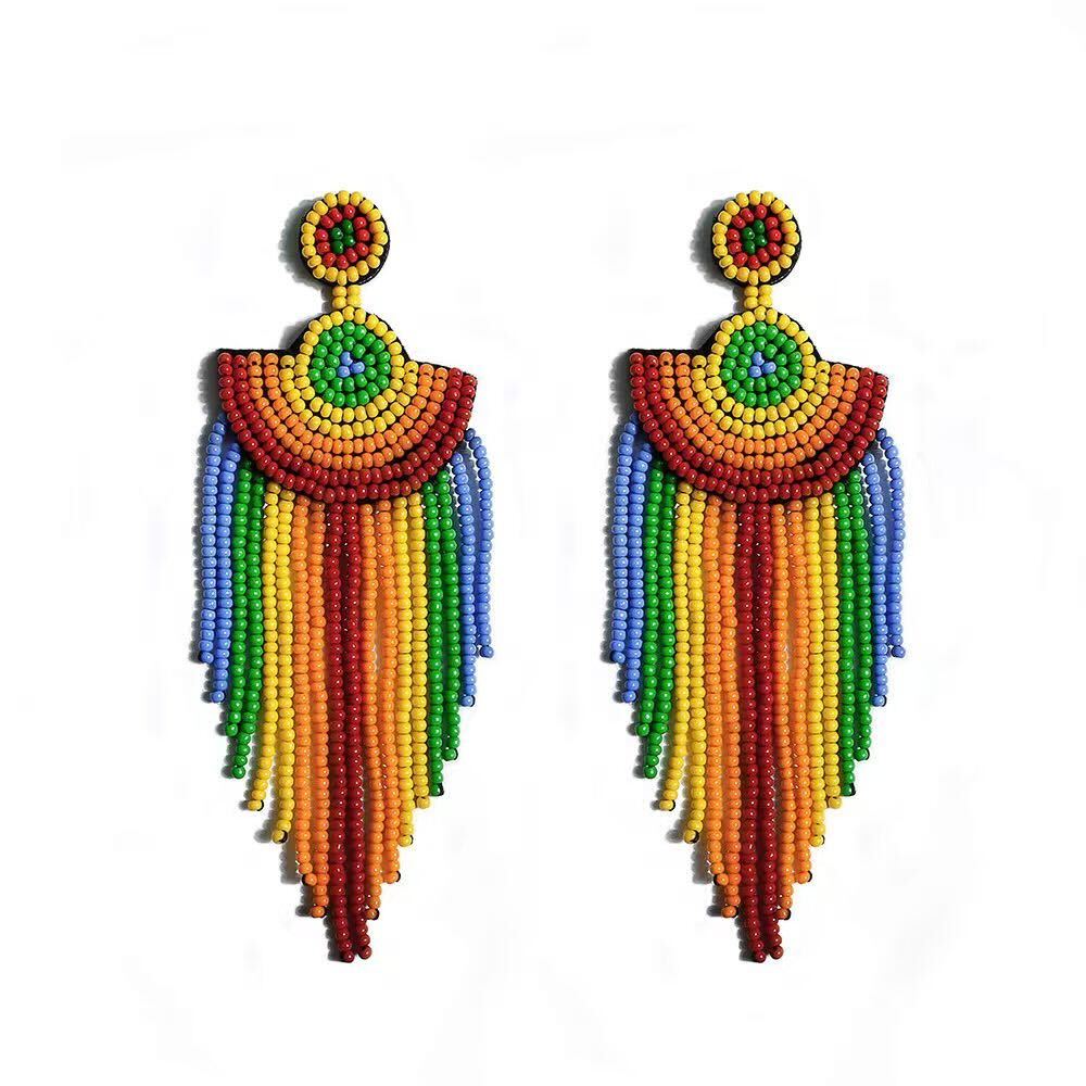 Rainbow Beaded Fringe Earrings – Multicolor Statement Dangles