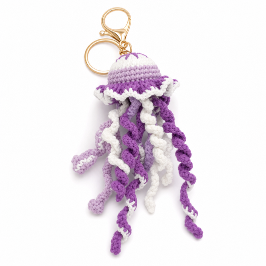 Handmade Crochet Jellyfish Keychain – Purple & White Amigurumi Jellyfish Bag Charm | Ocean Animal Key Ring