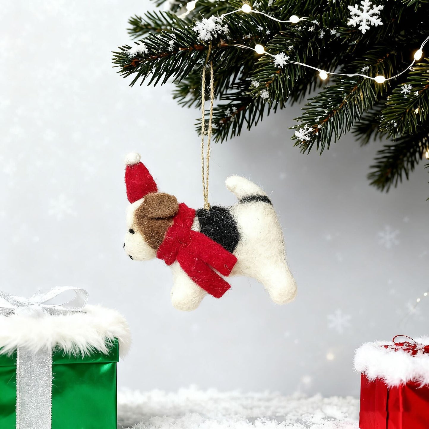 Felt Dog Ornament – Festive Pup with Scarf & Santa Hat