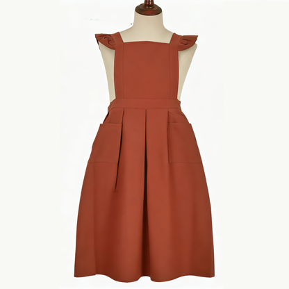 Vintage Cotton Apron with Puffed Shoulder Straps – Warm Brown