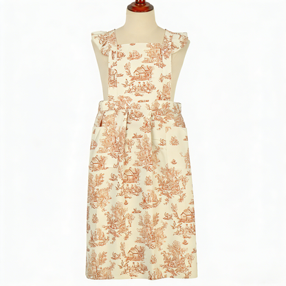 Vintage Cotton Apron with Puffed Shoulder Straps – Sepia Toile