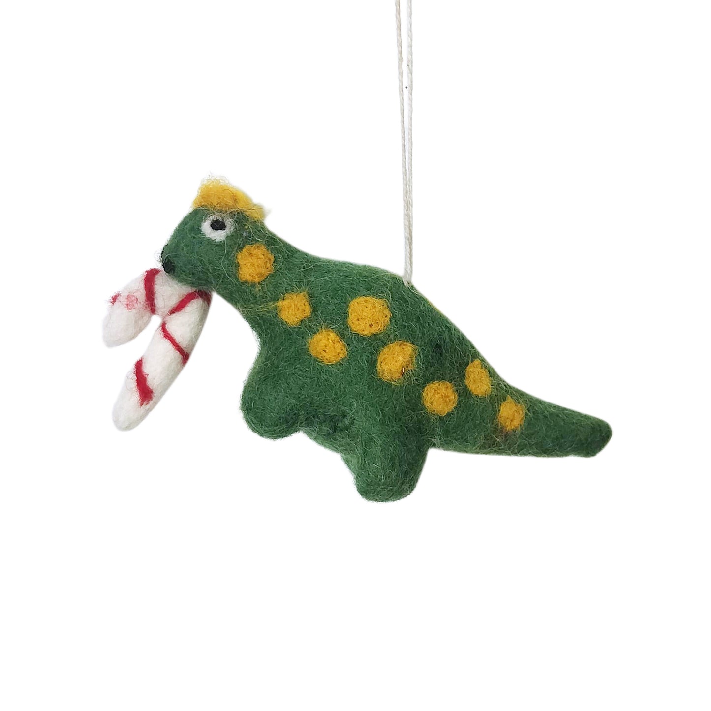 Felt Dinosaur Christmas Ornament - Green Dino with Candy Canes