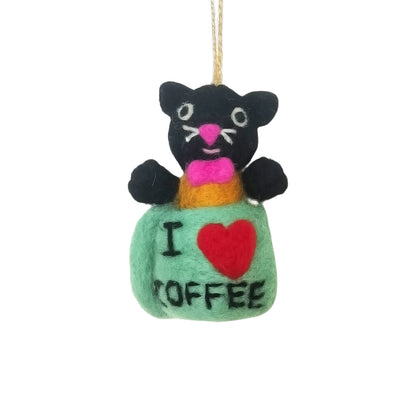 Handmade Wool Felt Black Cat in Mug Ornament
