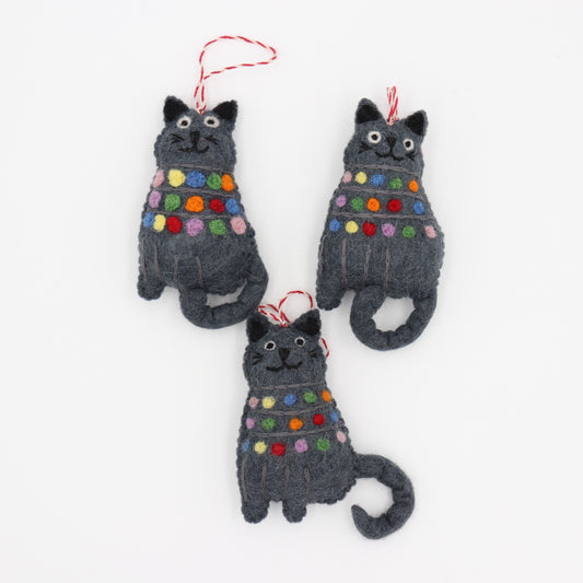 Handmade Black Cat Wool Felt Ornament – Made in Nepal