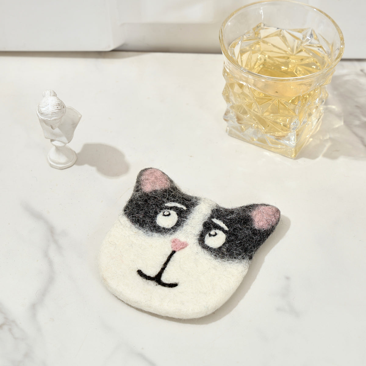 Hand-Felted Wool Animal Face Coasters - Cow, Cats & Raccoon