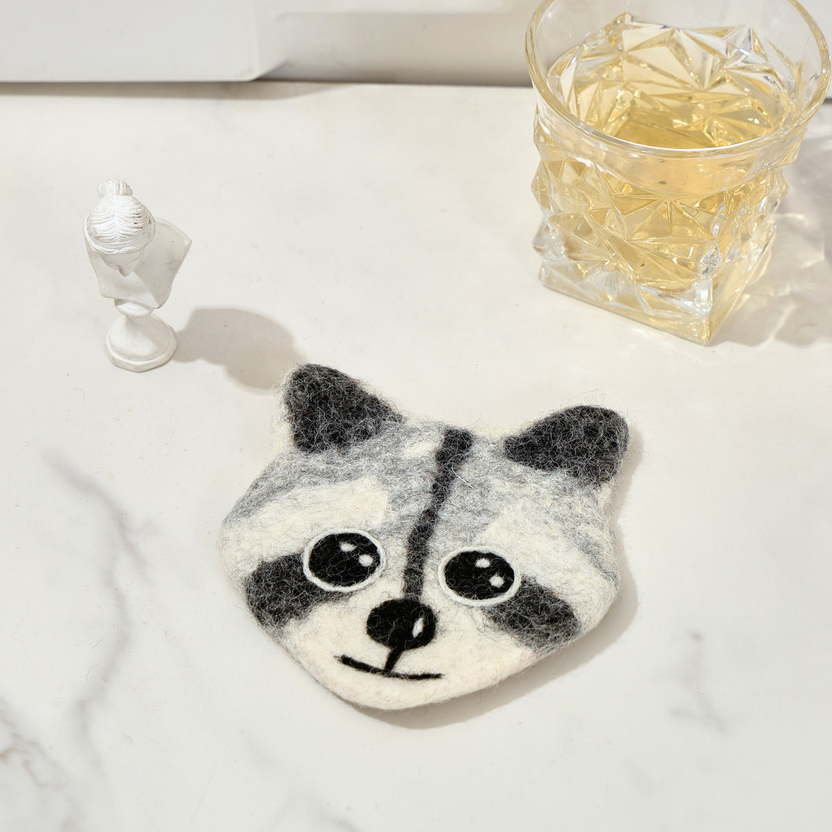Hand-Felted Wool Animal Face Coasters - Cow, Cats & Raccoon