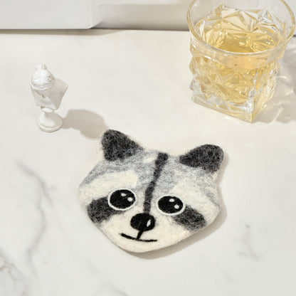 Hand-Felted Wool Animal Face Coasters - Cow, Cats & Raccoon