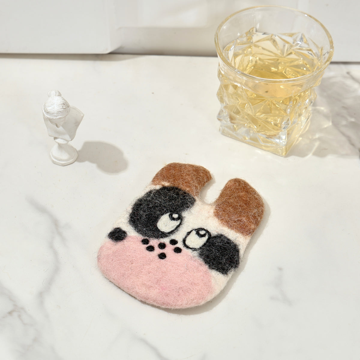Hand-Felted Wool Animal Face Coasters - Cow, Cats & Raccoon