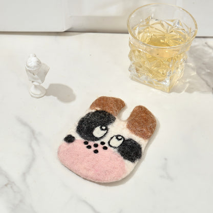 Hand-Felted Wool Animal Face Coasters - Cow, Cats & Raccoon