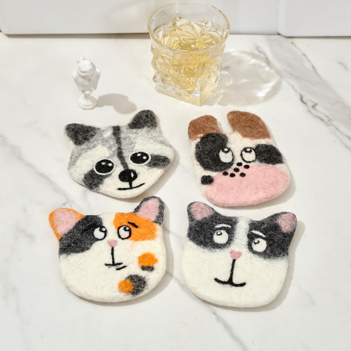 Hand-Felted Wool Animal Face Coasters - Cow, Cats & Raccoon