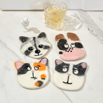 Hand-Felted Wool Animal Face Coasters - Cow, Cats & Raccoon