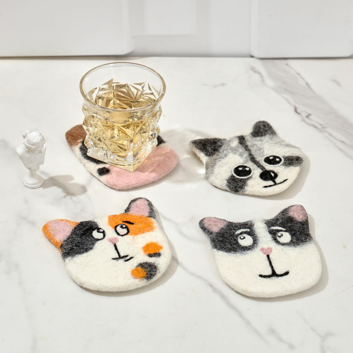 Hand-Felted Wool Animal Face Coasters - Cow, Cats & Raccoon