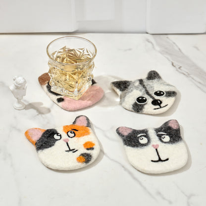 Hand-Felted Wool Animal Face Coasters - Cow, Cats & Raccoon