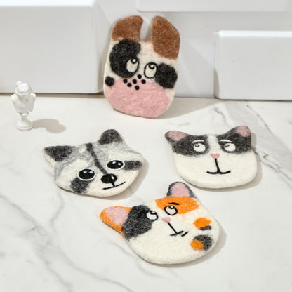 Hand-Felted Wool Animal Face Coasters - Cow, Cats & Raccoon