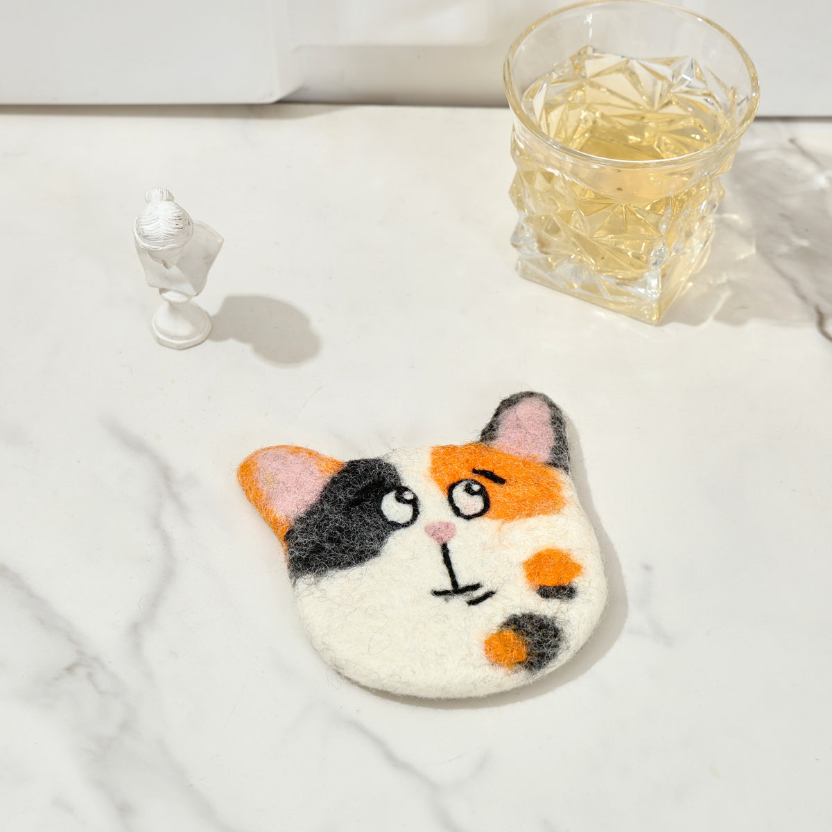 Hand-Felted Wool Animal Face Coasters - Cow, Cats & Raccoon