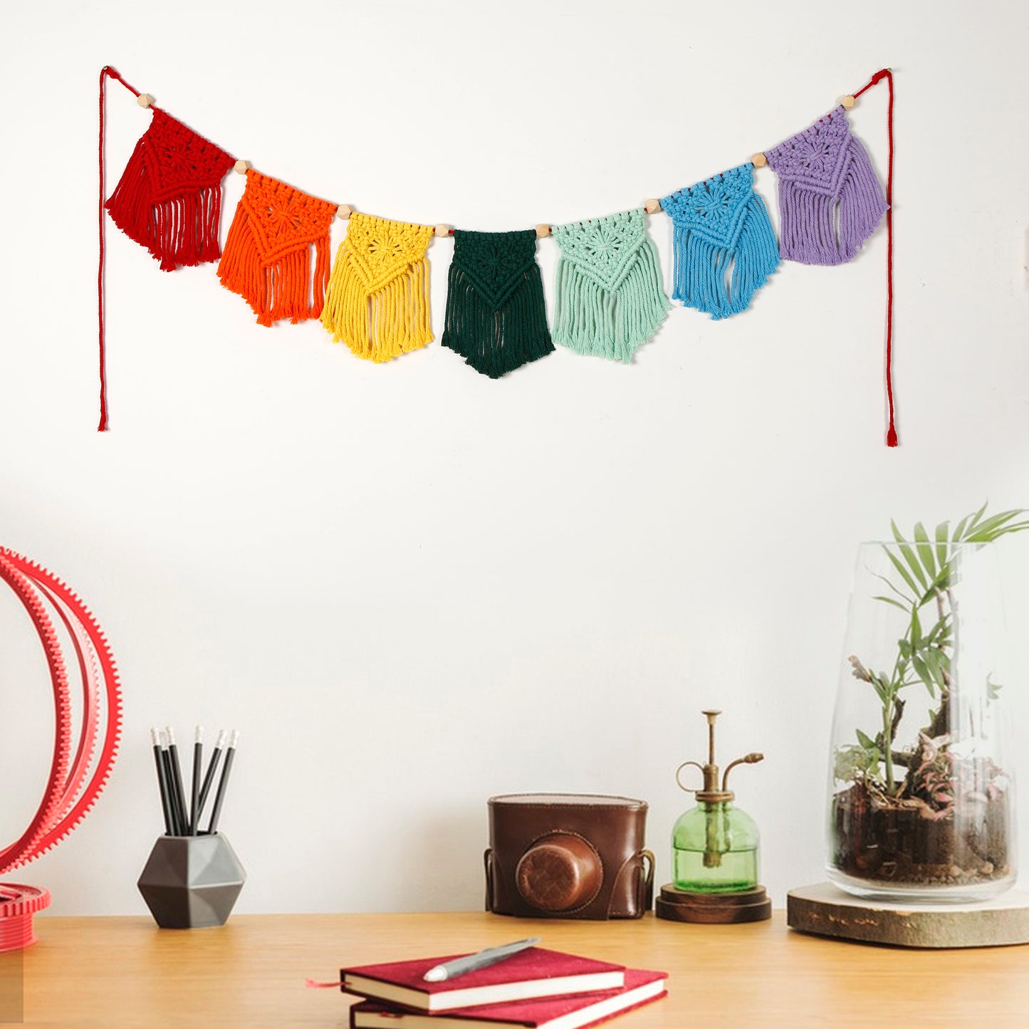 Hand Woven Cotton Macrame Wall Hanging Curtain Rainbow Banner - Aurora