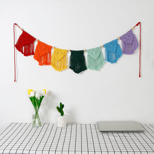 Hand Woven Cotton Macrame Wall Hanging Curtain Rainbow Banner - Aurora