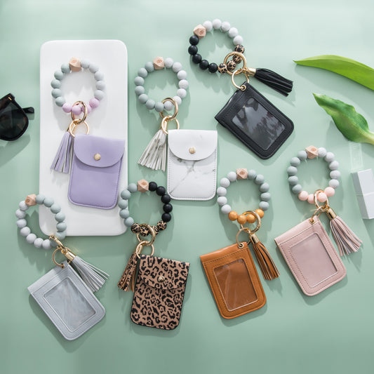 Silicone Beaded Tassel Bracelet Keychain - Card & Coin Purse Wallet (Laura)