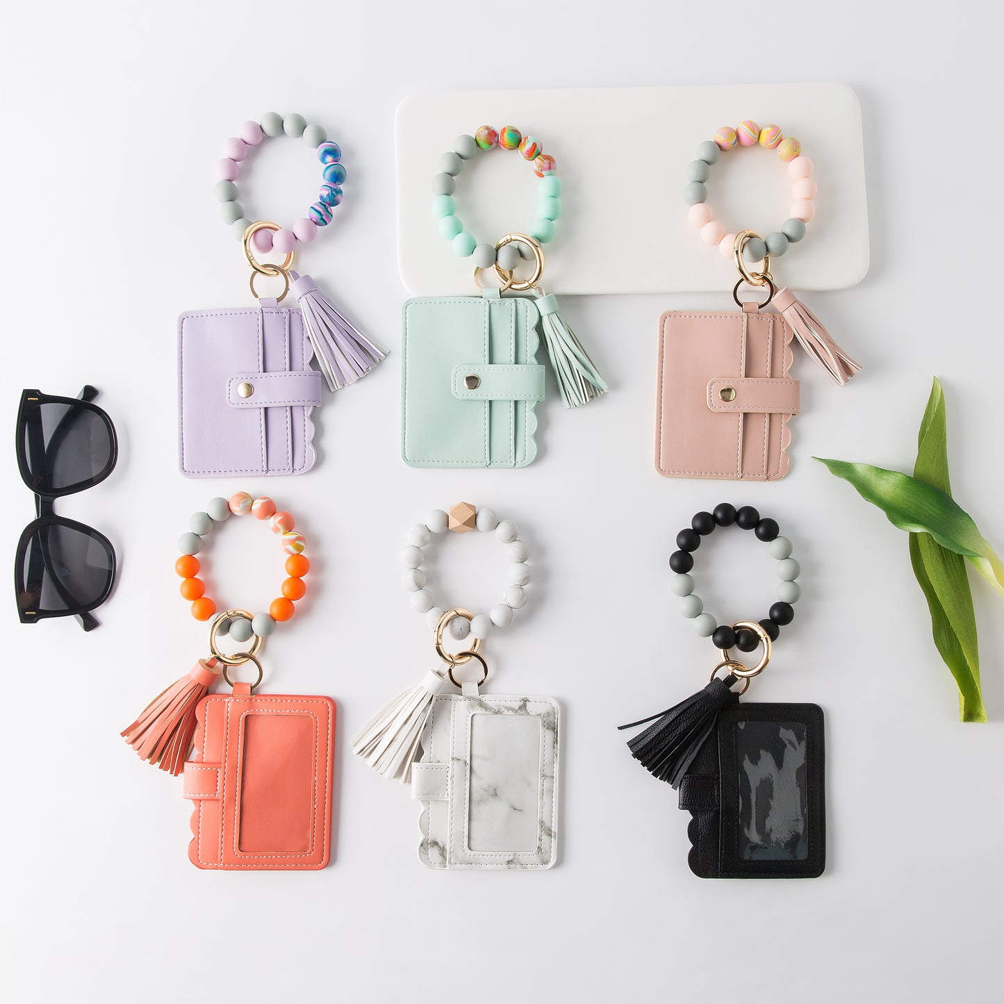 Silicone Tassel Beaded Bangle Wristlet Keychain Bracelet With Card Holder Wallet