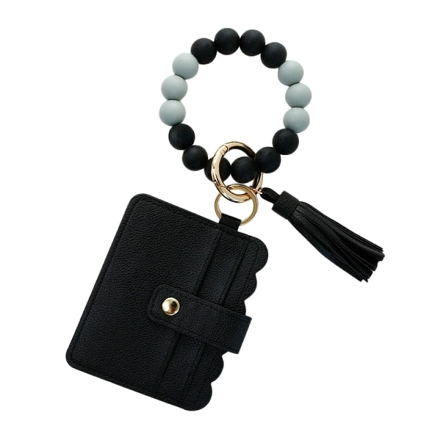 Silicone Tassel Beaded Bangle Wristlet Keychain Bracelet With Card Holder Wallet
